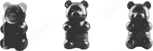 A set of illustration of Halftone style Gummy bear. 80s style halftone banner.