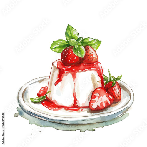 A watercolor illustration of Panna Cotta, isolated on a white background. Panna Cotta vector.