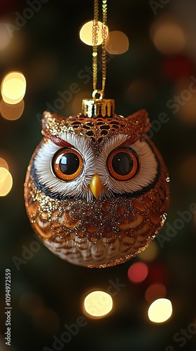 A shiny red Christmas bauble featuring an owl design hanging from a festive tree in a cozy holiday setting photo