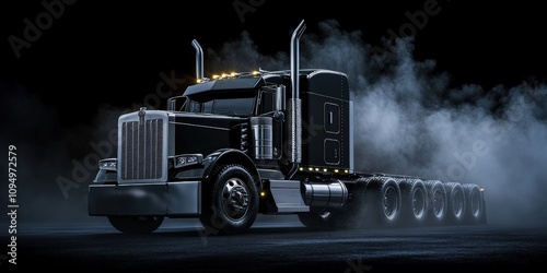 Black Semi: Classic Truck on Dark Background Emitting Smoke - 3D Illustration