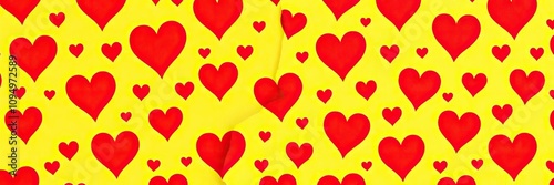 Yellow paper with a bold and striking red heart pattern featuring dynamic shapes, colorful pattern, yellow background, geometric shape