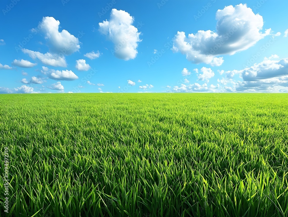 Fototapeta premium Green fields without people, clear air during the day, clear sky, beautiful white clouds floating around, giving a sense of openness, freshness, suitable for use as a background, with plenty of space.