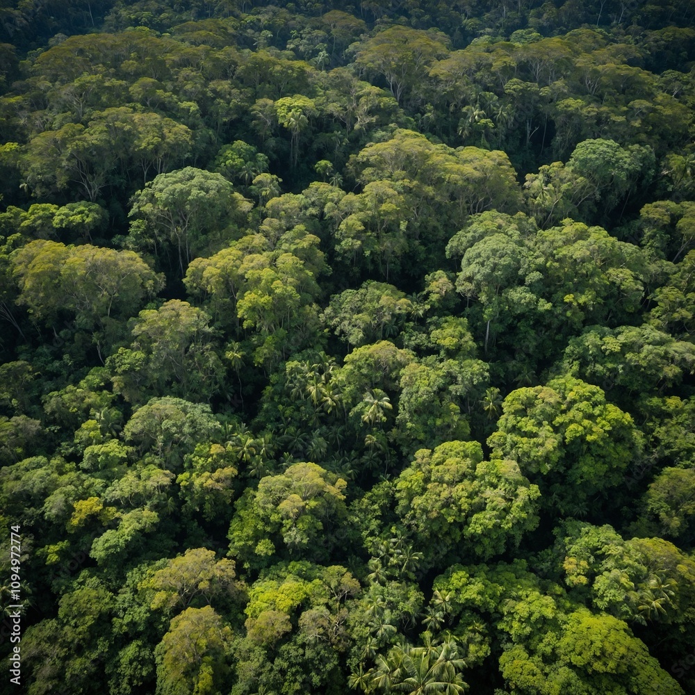 A tropical rainforest canopy viewed from above, alive with vibrant bird species. A tropical rainforest canopy viewed from above, alive with vibrant bird species.