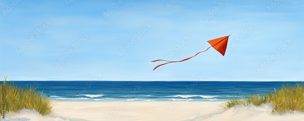 A vibrant scene of a beach with gentle waves, sandy shore, and an orange kite soaring against a bright blue sky. A vibrant scene of a beach with gentle waves, sandy shore, and an orange kite soaring against a bright blue sky.
