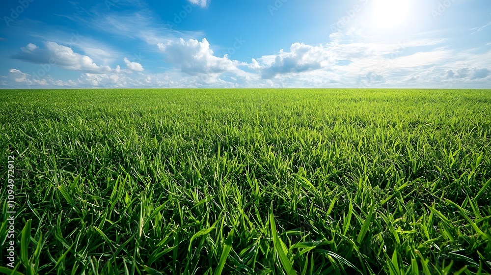 Green fields without people, clear air during the day, clear sky, beautiful white clouds floating around, giving a sense of openness, freshness, suitable for use as a background, with plenty of space. Green fields without people, clear air during the day, clear sky, beautiful white clouds floating around, giving a sense of openness, freshness, suitable for use as a background, with plenty of space.