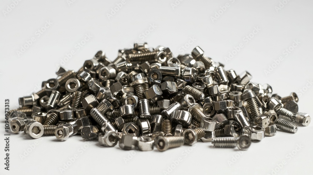 Close-Up View of a Pile of Mixed Metallic Screws and Nuts Ideal for Industrial Applications, Hardware Projects, and Mechanical Repairs in Stock Photography Close-Up View of a Pile of Mixed Metallic Screws and Nuts Ideal for Industrial Applications, Hardware Projects, and Mechanical Repairs in Stock Photography