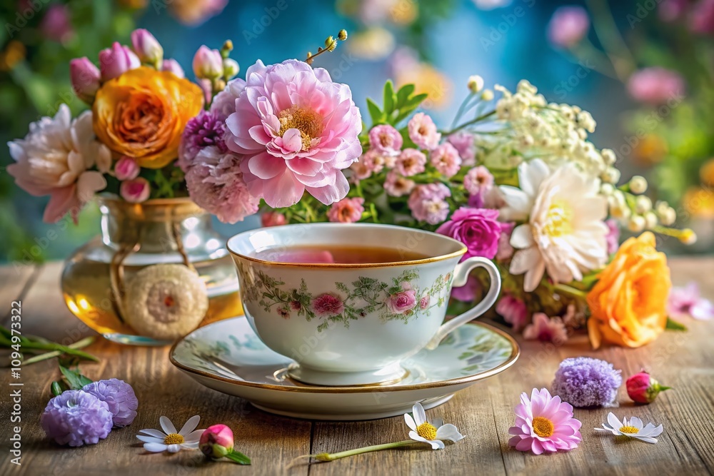 Elegant Teacup Surrounded by Delicate Flowers in an Aesthetic Still Life Arrangement on a Tabletop with Botanical Beauty and a Floral Background Elegant Teacup Surrounded by Delicate Flowers in an Aesthetic Still Life Arrangement on a Tabletop with Botanical Beauty and a Floral Background
