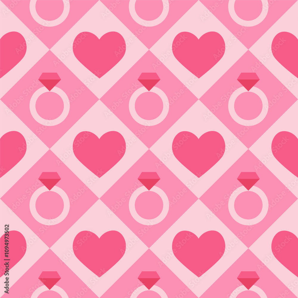 Seamless pattern with simple pink hearts and diamond rings. Template for Valentine holiday design