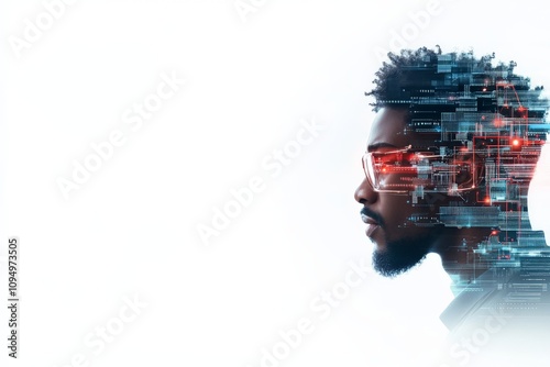 Side profile of a person overlaid with futuristic digital imagery, representing synergy between human thoughts and technological advancements. photo
