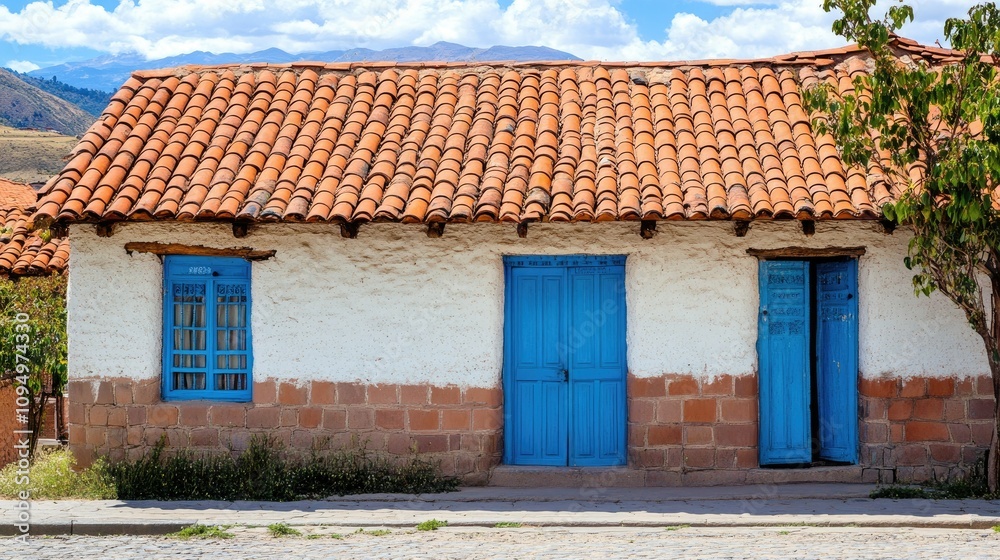 Charming Traditional Adobe House with Blue Doors and Terracotta Roof in Scenic Peruvian Landscape Under a Bright Blue Sky Charming Traditional Adobe House with Blue Doors and Terracotta Roof in Scenic Peruvian Landscape Under a Bright Blue Sky