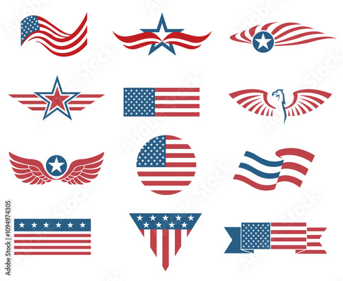 collection of USA star flag labels isolated on white background