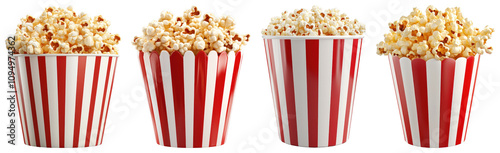 A 3D popcorn bucket icon displayed on a transparent background, showcasing a red and white striped design filled with buttery popcorn, ideal for cinema scenes.