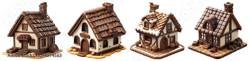 A 3D chocolate house icon displayed on a transparent background, with chocolate bricks and a wafer roof, resembling a house made entirely from chocolate treats.