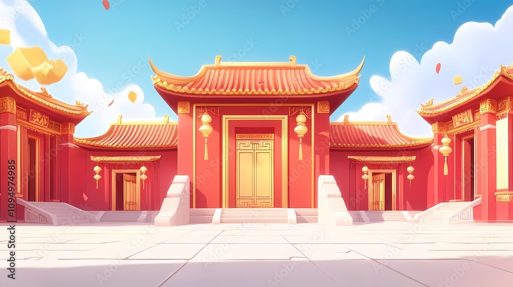 Fototapeta premium traditional chinese red and gold classical architecture illustration poster background
