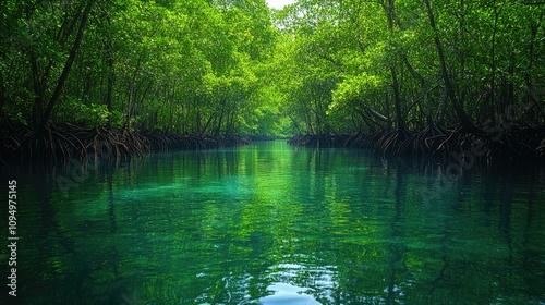 Serene mangrove landscape with clear water and lush greenery.