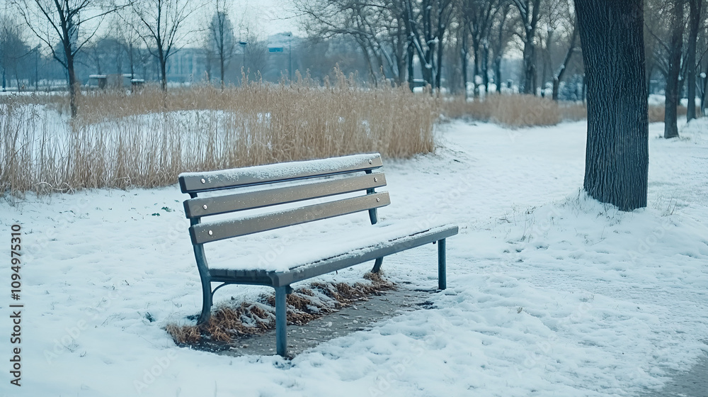 Naklejka premium Lonely park bench covered with snow in a winter landscape