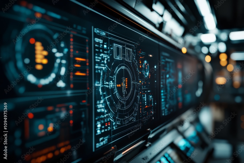 A high-tech digital interface with vibrant data visualizations, showcasing cutting-edge technology and futuristic information display on a broad screen. A high-tech digital interface with vibrant data visualizations, showcasing cutting-edge technology and futuristic information display on a broad screen.