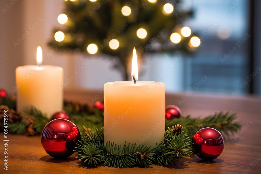 Close-up of a lit candle setting on the table with Christmas decor in front of the Christmas tree background with copy space. Close-up of a lit candle setting on the table with Christmas decor in front of the Christmas tree background with copy space.