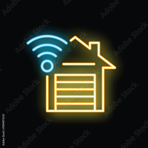 Neon glowing icon of a smart home garage door automation system controlled by wifi