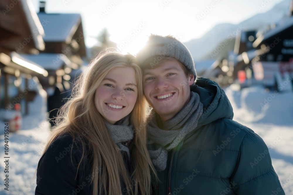 A couple is smiling and posing for a picture in the snow. The woman has long hair and is wearing a scarf, while the man is wearing a green jacket. The scene has a warm and happy atmosphere A couple is smiling and posing for a picture in the snow. The woman has long hair and is wearing a scarf, while the man is wearing a green jacket. The scene has a warm and happy atmosphere