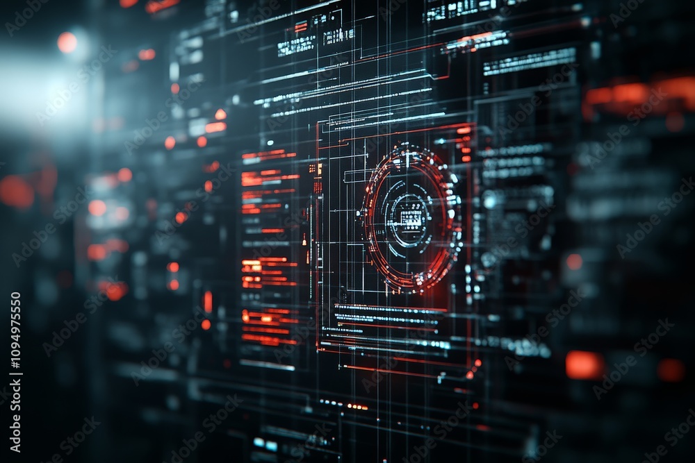 An abstract digital interface featuring a glowing red and blue circuit design, illustrating futuristic technology and advanced information systems in a virtual setting.