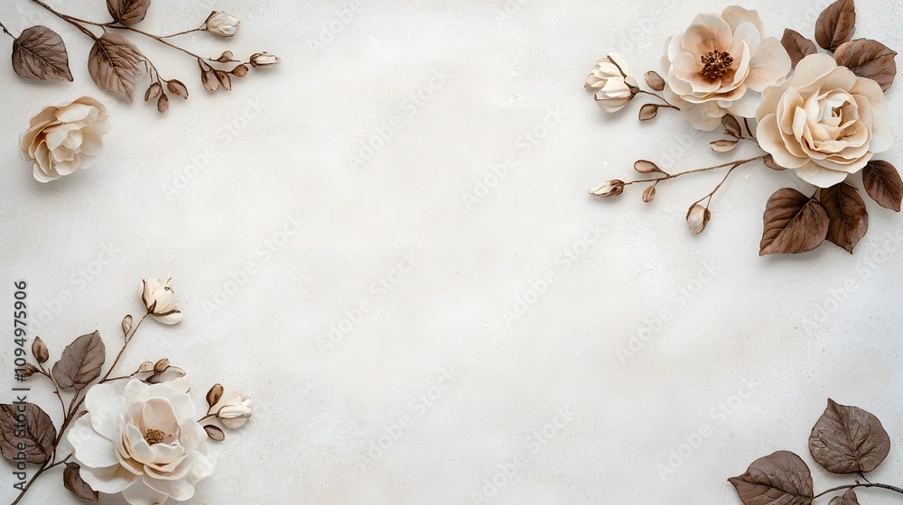 Obraz premium A vintage floral frame of sepia-toned roses and leaves with a clear center for antique-inspired designs.