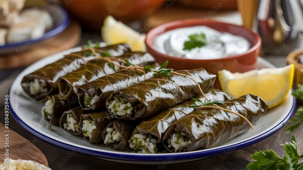 Traditional stuffed grape leaves with rice and herbs, served on white plate with lemon wedges and yogurt dip Traditional stuffed grape leaves with rice and herbs, served on white plate with lemon wedges and yogurt dip
