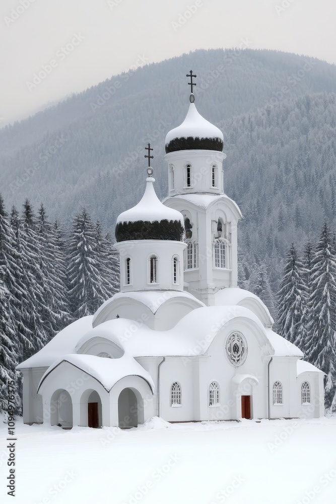 Obraz premium Scenic Winter Wonderland Serene White Orthodox Church amidst Snowy Forest and Majestic Mountains