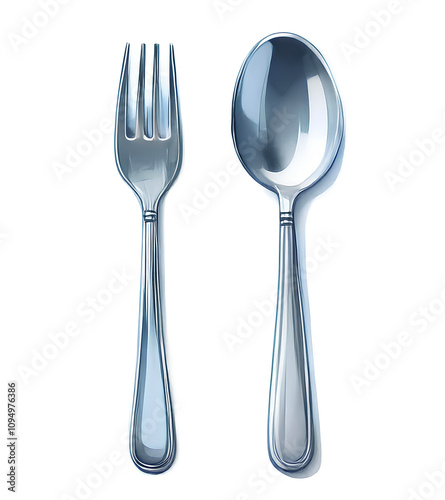 Watercolor silver fork and spoon side by side on white background. photo