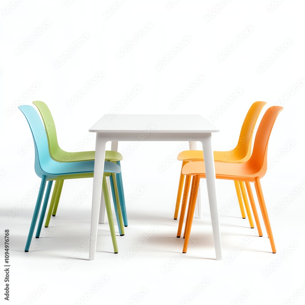 Colorful chairs around a white table on a bright background. Colorful chairs around a white table on a bright background.
