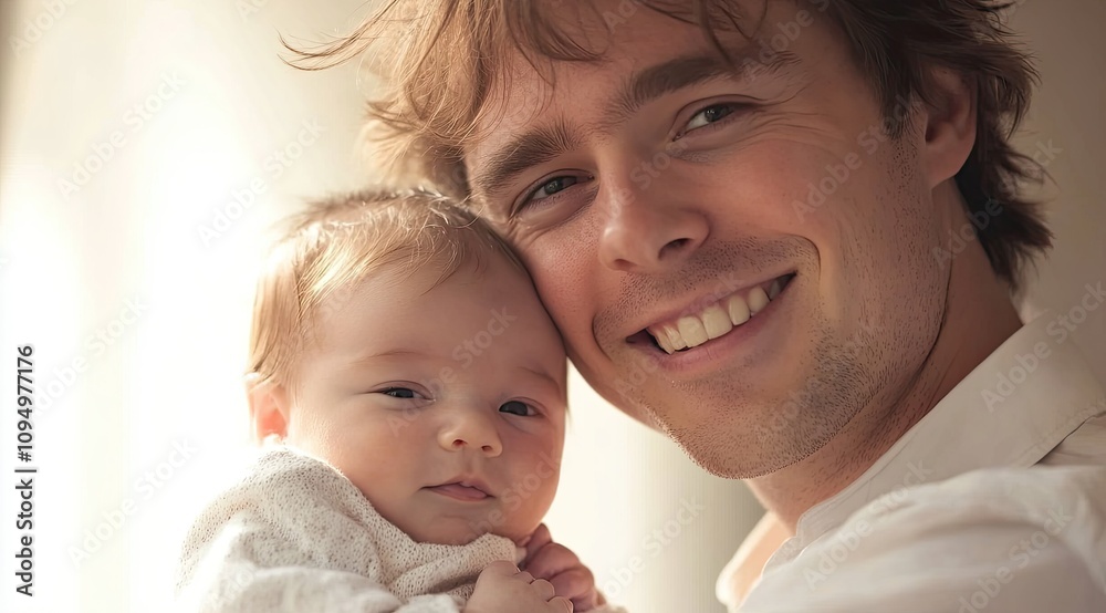 Handsome man smiling and holding his baby, light background Handsome man smiling and holding his baby, light background