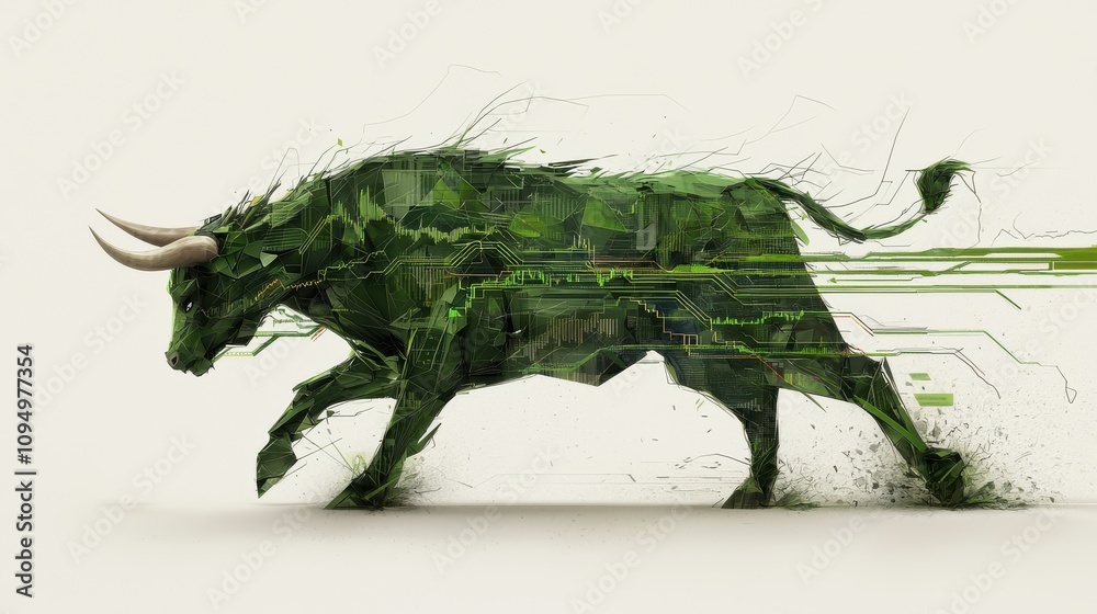Dynamic digital green bull symbolizing stock market trends in financial technology environment abstract art viewpoint financial growth concept