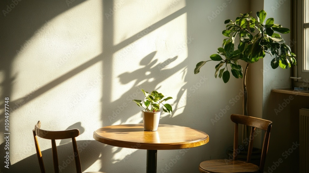 Serene Indoor Space with Natural Light Casting Shadows on a Wooden Table Surrounded by Green Plants Ideal for Cozy Moments and Relaxation Serene Indoor Space with Natural Light Casting Shadows on a Wooden Table Surrounded by Green Plants Ideal for Cozy Moments and Relaxation
