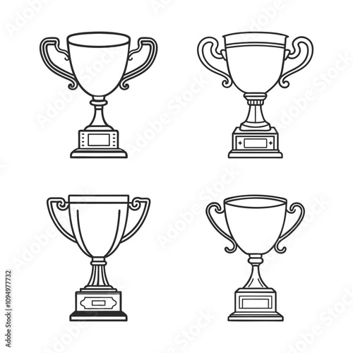 Trophy cup icon set. Outline illustration of winner cups. Sketch