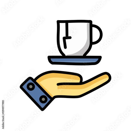 Coffee cup and hand vector illustration, filled line design icon