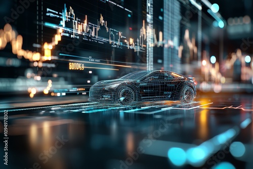 A high-tech car in a digital environment filled with data charts represents the fusion of automotive design and financial forecasting in futuristic urban landscapes.