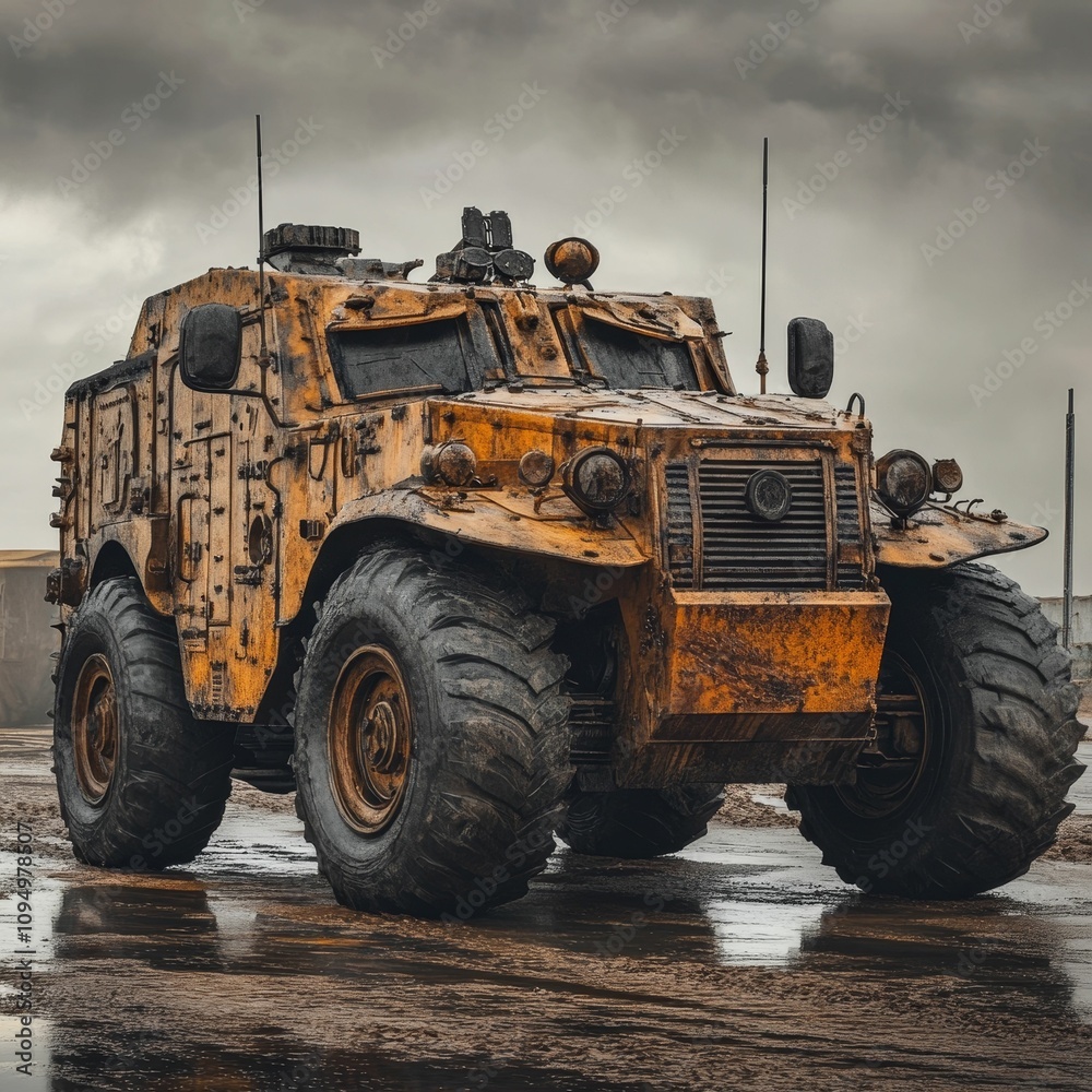Rusty armored vehicle, large tires, muddy setting. Rusty armored vehicle, large tires, muddy setting.