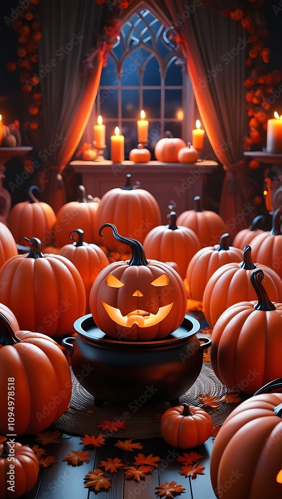 Obraz premium Jack o lantern in cauldron among autumn pumpkins and candles