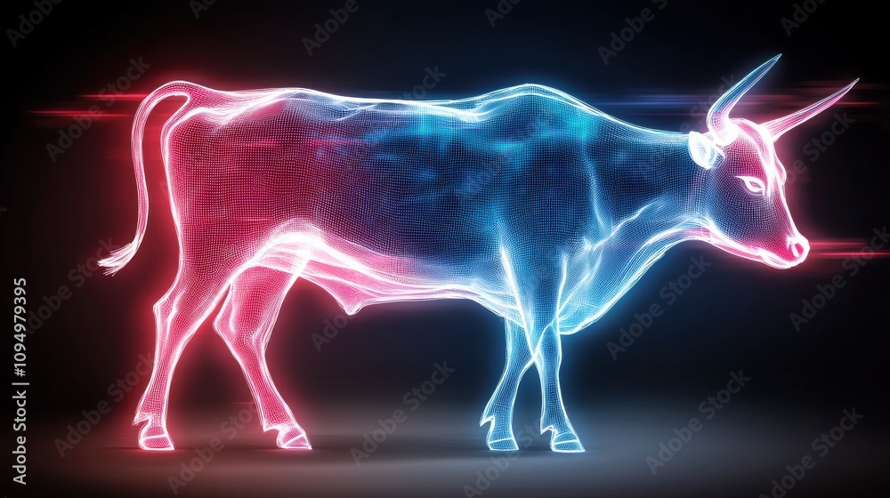 Neonlit digital bull displaying stock market data in a virtual environment futuristic concept illuminated graphics business insights Neonlit digital bull displaying stock market data in a virtual environment futuristic concept illuminated graphics business insights