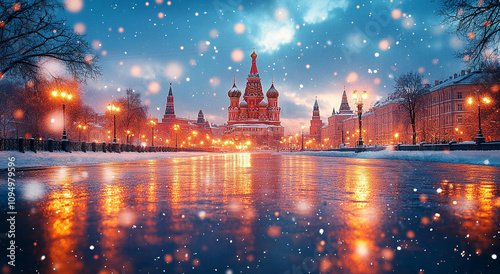 The first snow is lying on the morning Red Square.