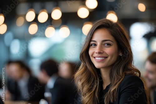 A poised businesswoman smiles confidently in a bustling, modern office environment, surrounded by warm lights that highlight her assurance and ambition.