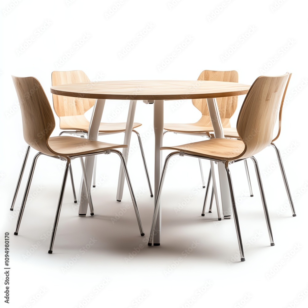 Modern round wooden table with stylish chairs, white isolated background. Modern round wooden table with stylish chairs, white isolated background.