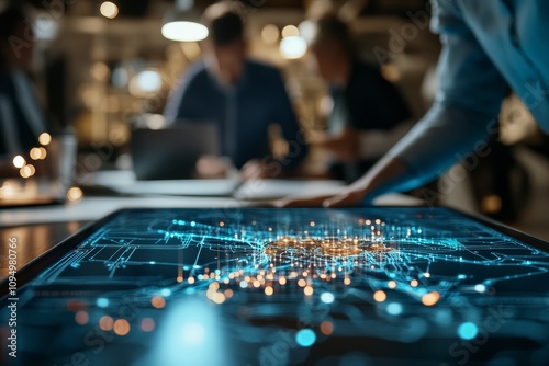 An interactive table displaying a neural network diagram, conveying themes of artificial intelligence, connectivity, and the complexity of modern data networks.