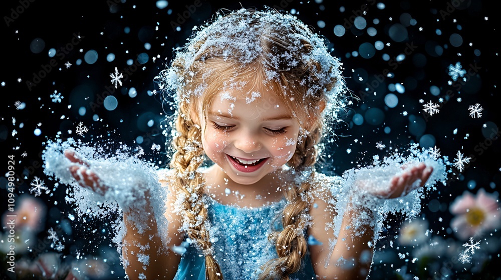 Obraz premium A full body shot of a little girl wearing a sleeveless princess dress, her golden hair braided into long and beautiful braids, and her whole body covered in sparkling snowflakes