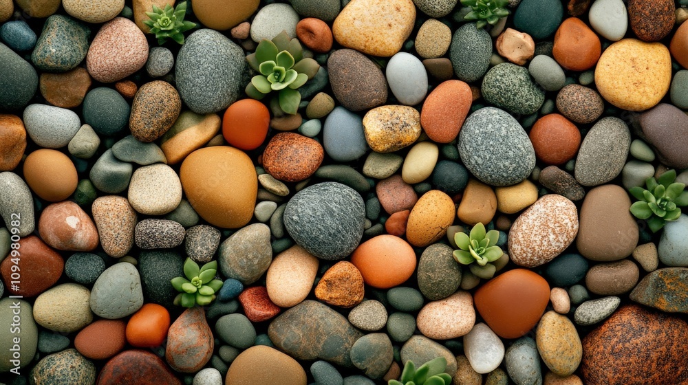 A vibrant assortment of smooth pebbles and small succulents, creating a natural, textured surface that showcases earthy colors and patterns. A vibrant assortment of smooth pebbles and small succulents, creating a natural, textured surface that showcases earthy colors and patterns.