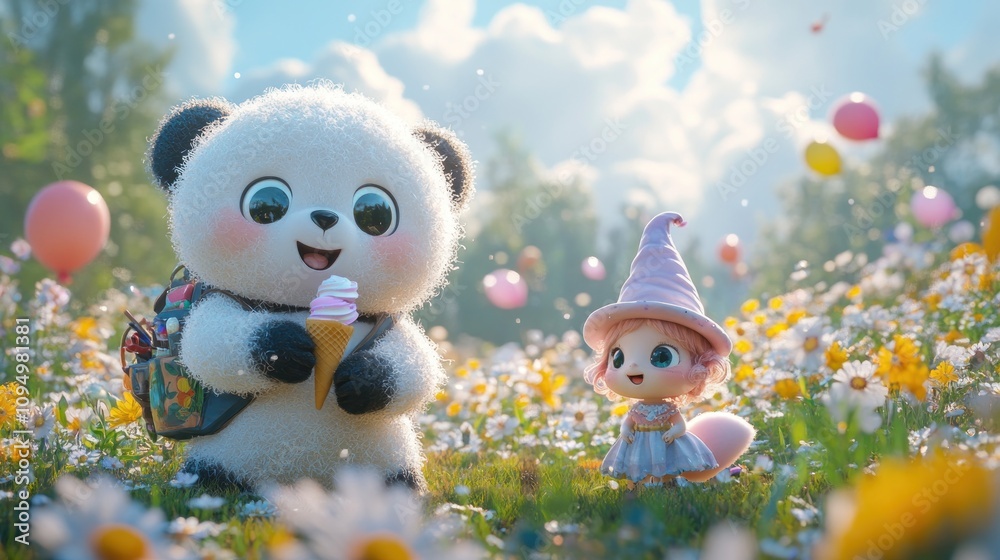 Panda and Fairy Enjoying Ice Cream in a Flower Field Panda and Fairy Enjoying Ice Cream in a Flower Field