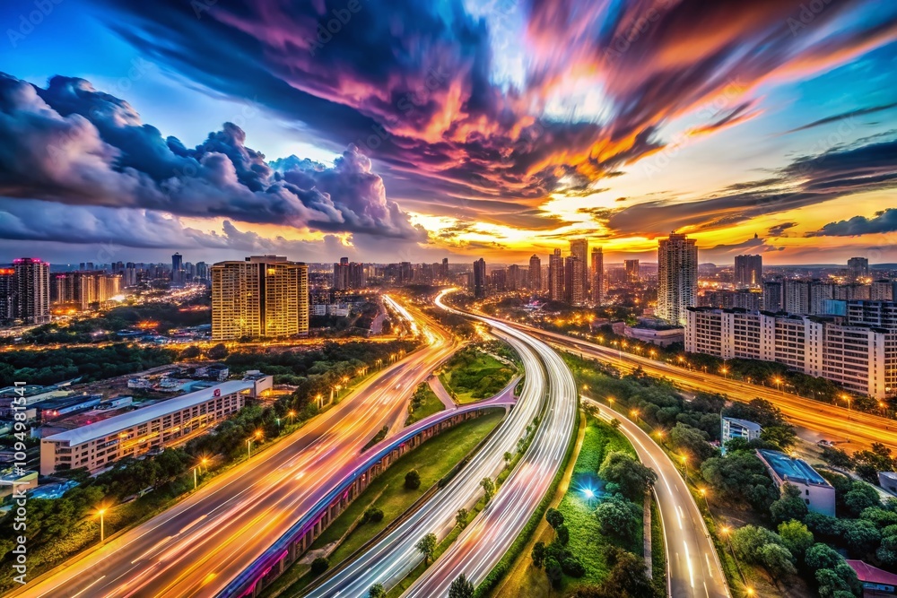 Fototapeta premium Enchanting Long Exposure Capture of a Mystical Urban Landscape at Night with Flowing Lights and Soft Movement, Invoking a Dreamlike Atmosphere of Serenity and Motion