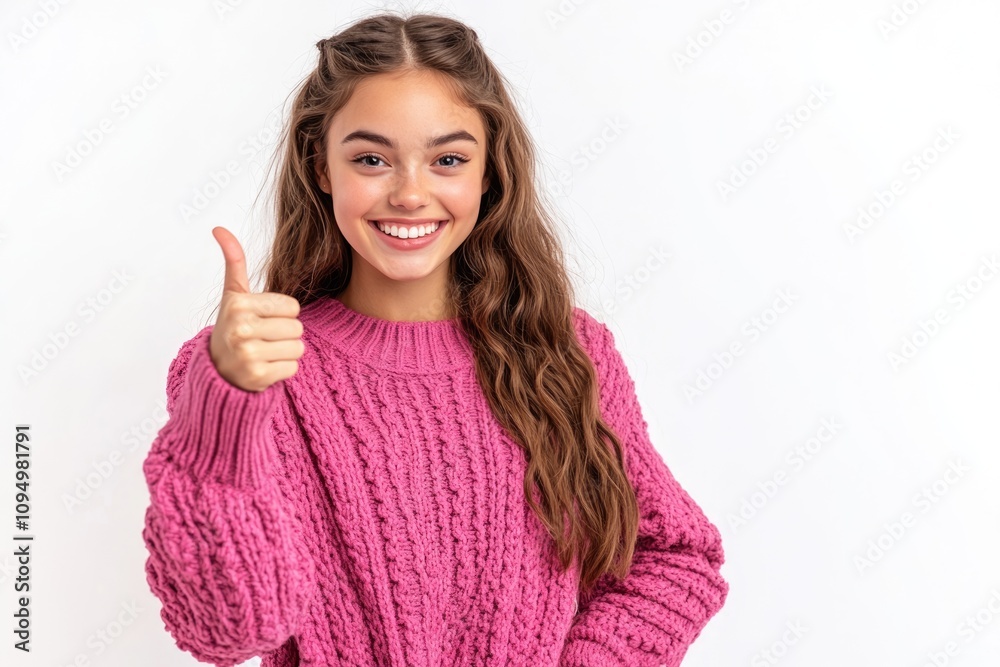 Joyful Woman in Pink Sweater Pointing and Smiling Joyful Woman in Pink Sweater Pointing and Smiling