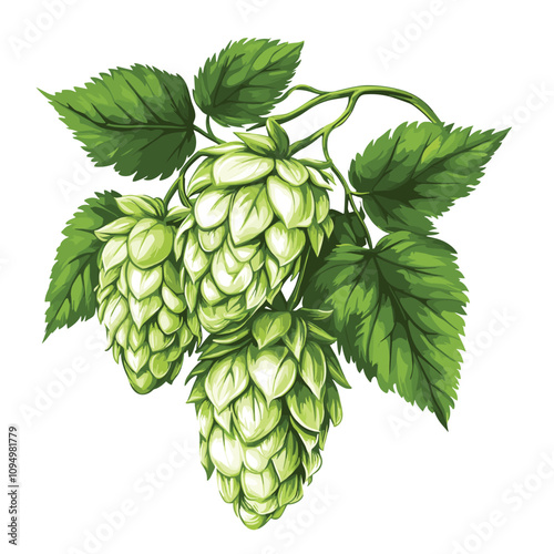 Hop plants, cones and leaves, hops branch. Natural malt ingredients for brewery or cosmetics production. Isolated vector illustration