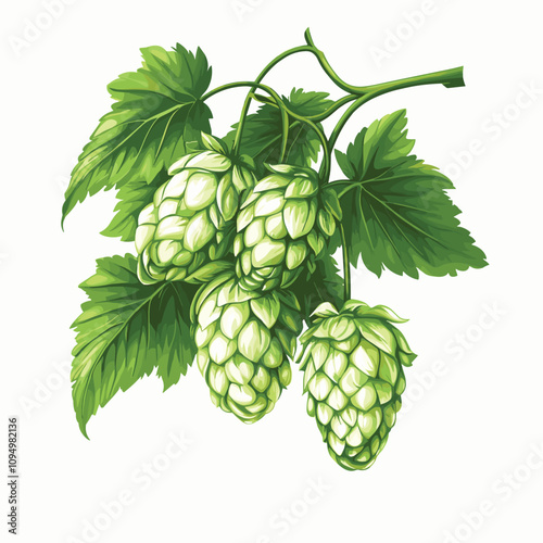 Hop plants, cones and leaves, hops branch. Natural malt ingredients for brewery or cosmetics production. Isolated vector illustration